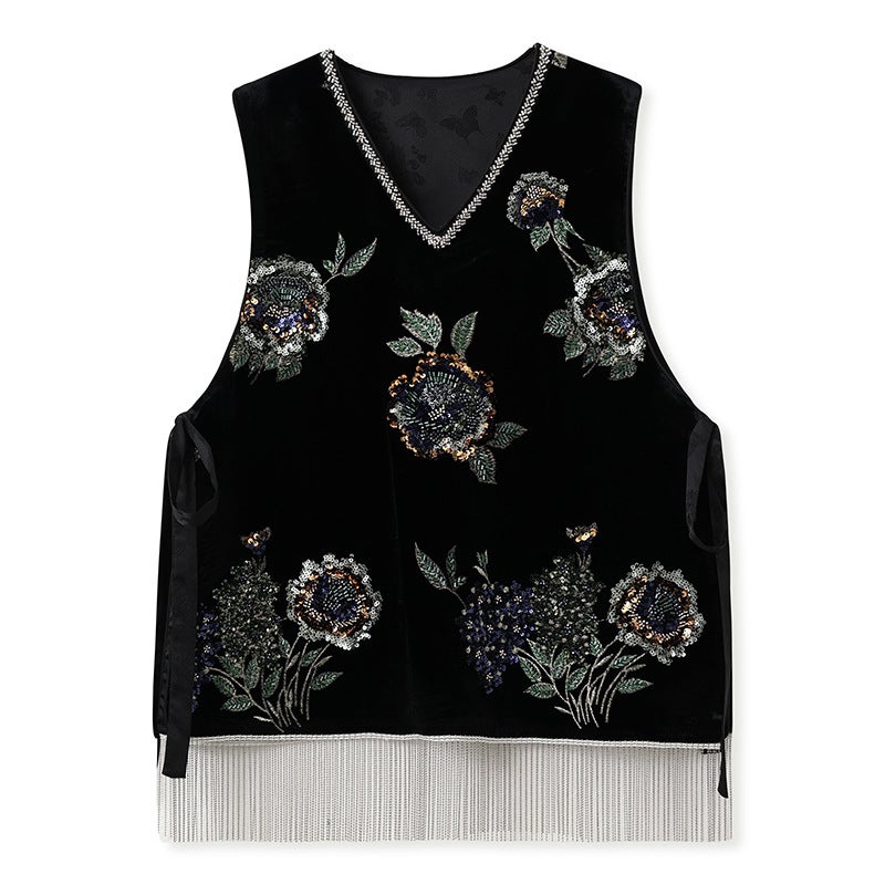 Yailla Versatile New Chinese Style Rich and Noble Elegance Mulberry Silk Embroidered Ball Vest for Women Autumn New Style V-Neck Retro Tassel Vest Niche Design Tang Coat Suit - Image 1